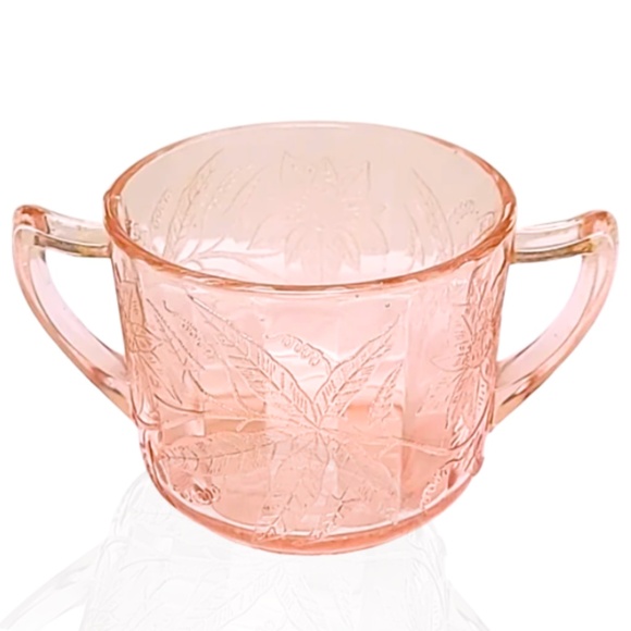 Depression Glass Vintage Tea Cups Sugar Bowl Set Madrid, Poinsettia Pink Yellow - Picture 4 of 10